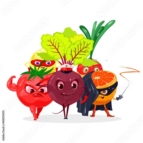 Collection of tomato, lemon, onion, orange and beetroot, characters with eyes, legs, hands and weapons. Vector nutritious food, juicy fresh organic eating design isolated on white background