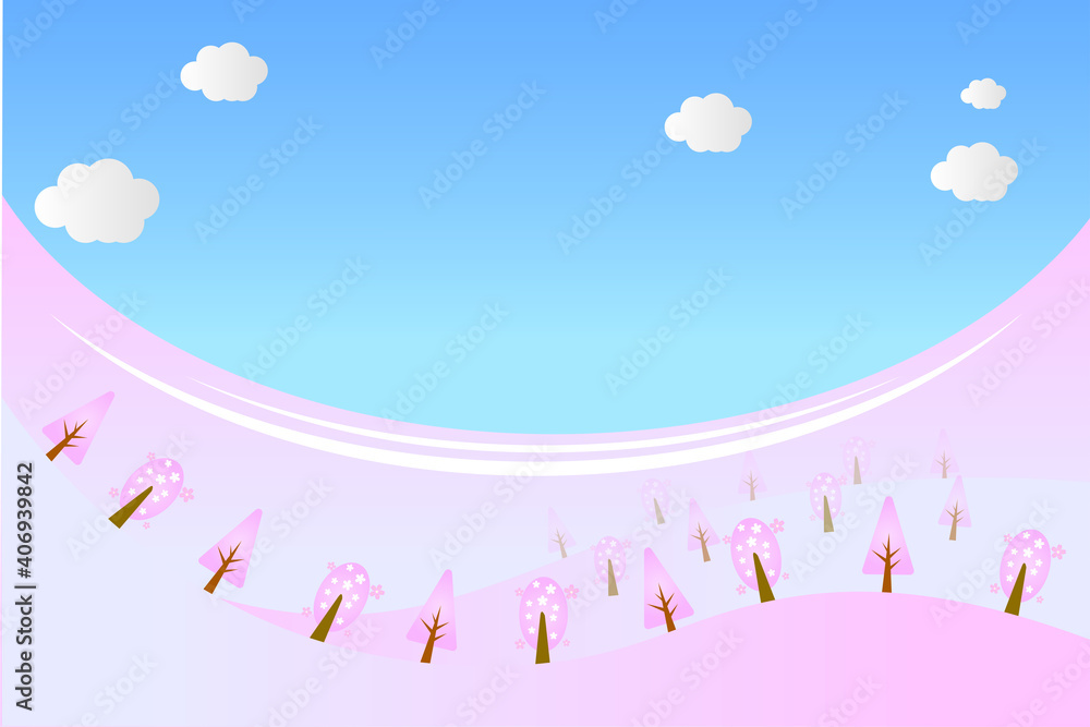 Fototapeta 青空と桜の木の可愛い背景フレーム 横 Naklejamy Com