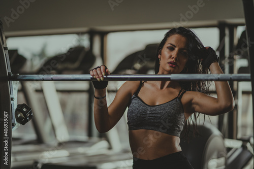 Young female in gym. Young woman in gym working out. Girl in gym training hard.