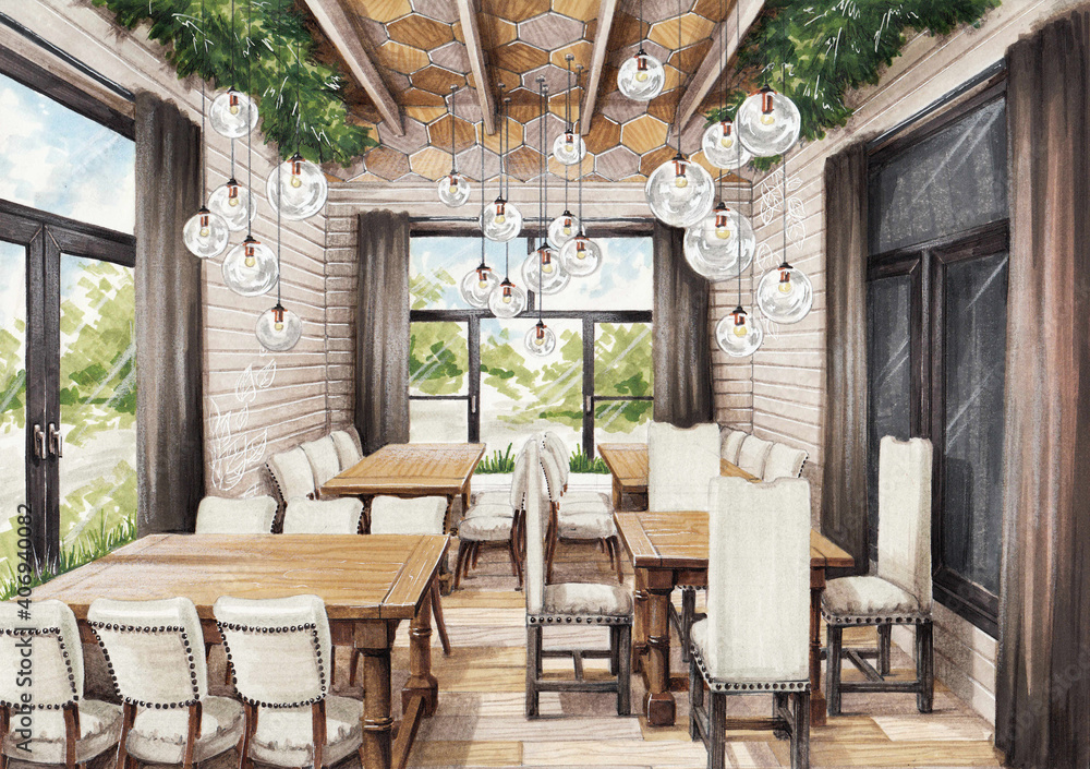 interior sketch of restaurant in eco style wood natural materials