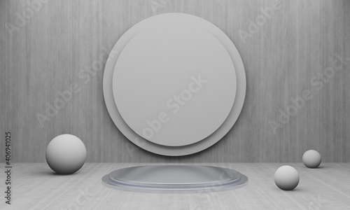 3D rendered grey metallic podium with cement wall background