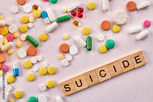 Suicide pills on white background. Many various drugs. photo