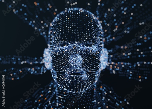 3D human head consisting of digital mesh. Virtual reality concept. 3D render / rendering