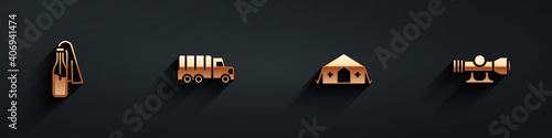 Set Cocktail molotov, Military truck, medical tent and Sniper optical sight icon with long shadow. Vector.