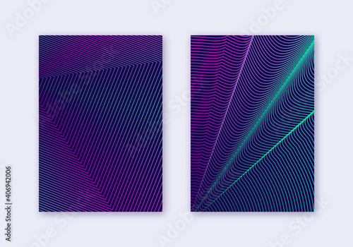 Cover design template set. Abstract lines modern brochure layout. Neon vibrant halftone gradients on dark blue background. Adorable brochure, catalog, poster, book etc.