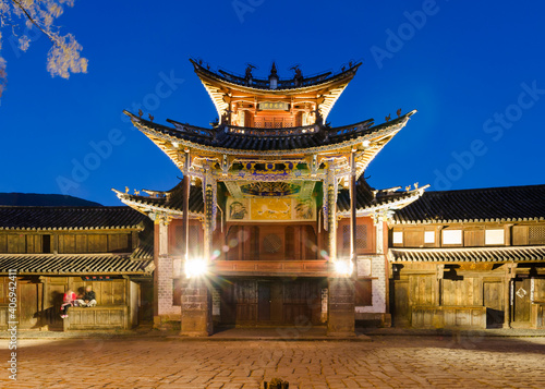 The old stage theatre in Sideng square at night, Shaxi, Yunnan, China