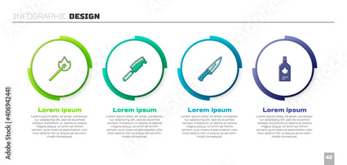Set Burning match with fire, Meat chopper, and Tabasco sauce. Business infographic template. Vector.