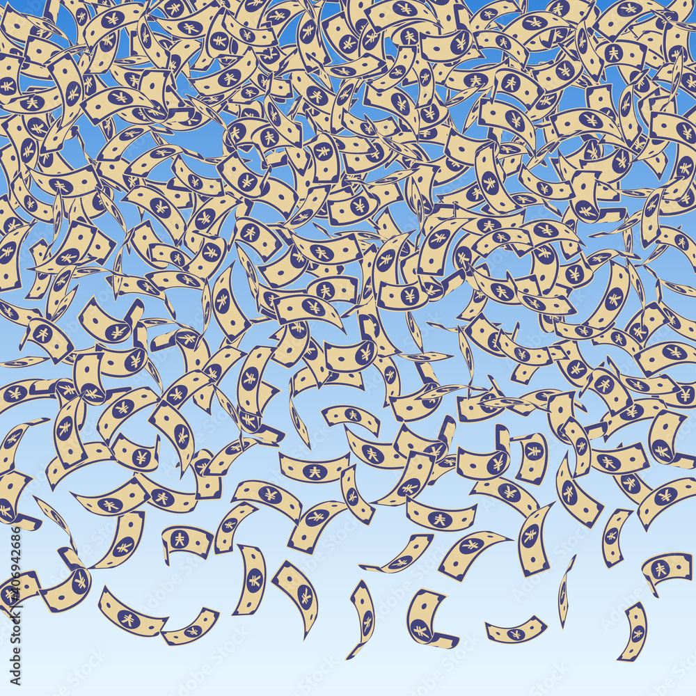 Chinese yuan notes falling. Small CNY bills on blue sky background. China money. Elegant vector illustration. Likable jackpot, wealth or success concept. Chinese yuan notes falling. Small CNY bills on blue sky background. China money. Elegant vector illustration. Likable jackpot, wealth or success concept.