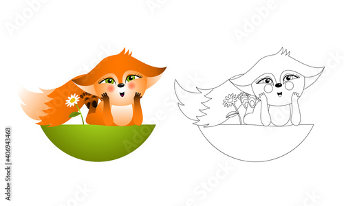 Isolated black outline and colorful cartoon fox cub on white background. Orange happy friendly fox lie on glade and dream. Wild animal funny personage. Line art antistress. Page of coloring book.