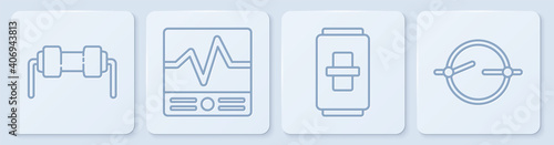 Set line Resistor electricity, Electric light switch, Electrical measuring instruments and Electric circuit scheme. White square button. Vector.