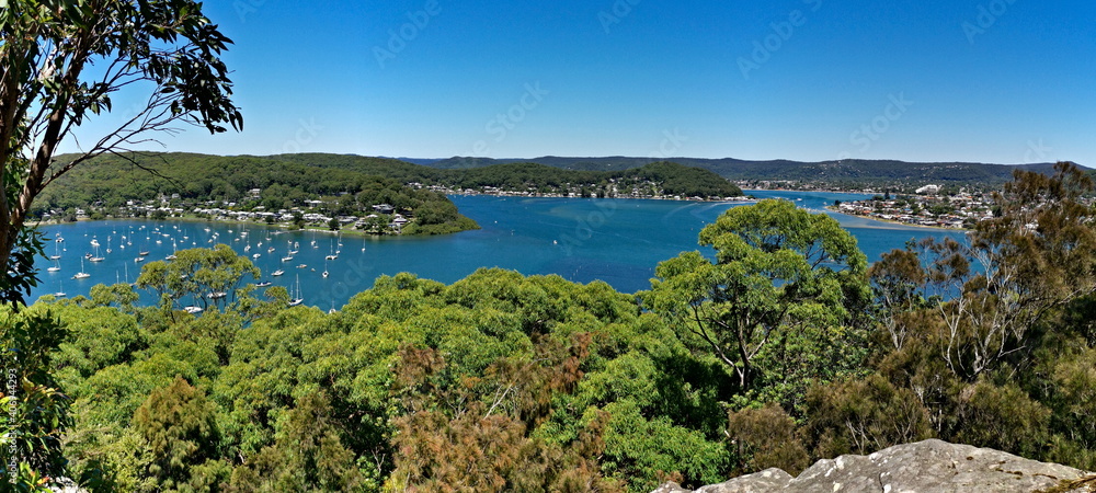 Beautiful panoramic view of a bay full of boats with tall tree in the foreground and mountains, trees and deep blue sky in the background, Allen Strom Lookout, Brisbane Water, Rocky Point Trail, New S