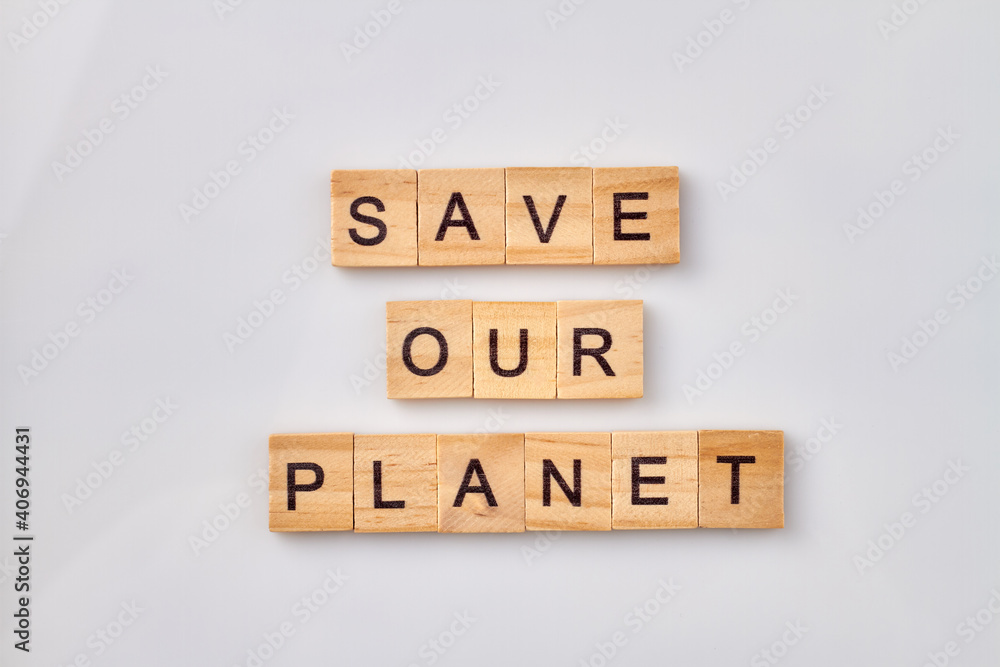 Ecology concept and sorting garbage. Wooden cubes with letters isolated on white background.