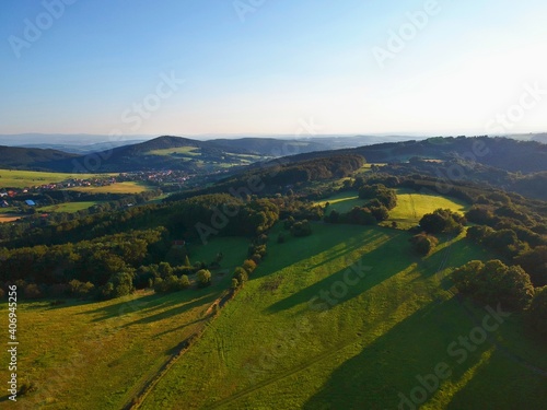 Aerial view of green highland of Zelechovicke paseky.