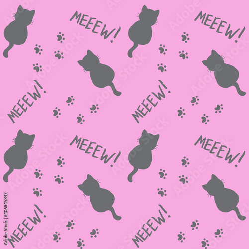 Cute seamless pattern with cats, steps and mew quote. Pink and grey colors. Doodle cartoon style. Modern abstract design for packaging, paper, cover, fabric, cards, textile. Vector illustration
