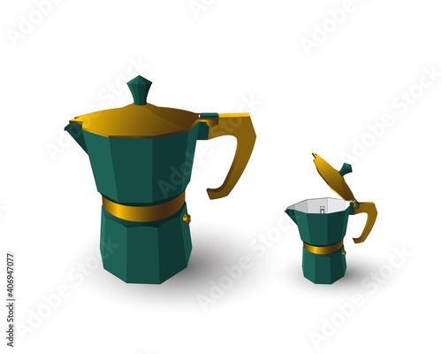 Set of two tidewater green moka pot with open and closed golden lids
