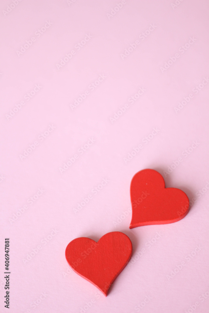 Two Hearts for Valentine's day concept on pink pastel color background with shadow.  Pink background. Valentines day. Wedding invitation design. Healthy. Love. 