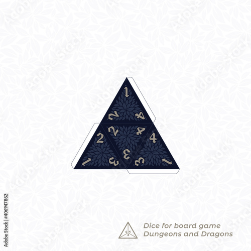 Vector paper cut model of 4 sided dice for board games. White background.