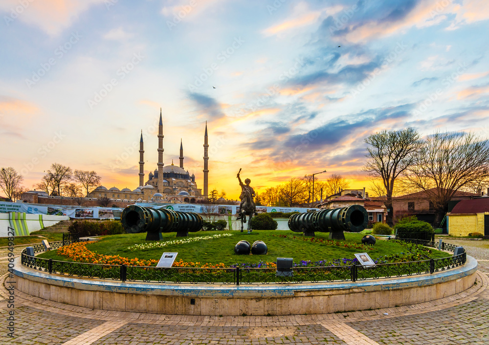 Architect Mimar Sinan and Fatih Sultan Mehmet Statues view at front of Selimiye Mosque in Edirne City.