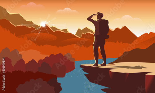 Traveller or explorer with backpack, standing on top of mountain or cliff and looking on valley. Vector illustration of adventure tourism and travel, discovery, exploration, hiking.