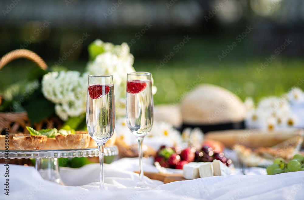 Summer picnic in the Park with champagne