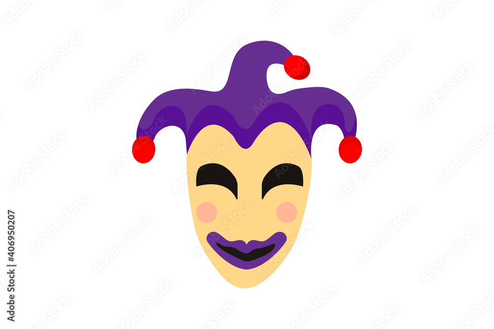 mardi gras carnival cartoon funny joker mask with jester cap with purple color. Fat tuesday, carnival, festival. Vector isolated on white background. For greeting card, banner, poster 
