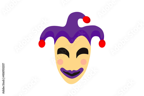 mardi gras carnival cartoon funny joker mask with jester cap with purple color. Fat tuesday, carnival, festival. Vector isolated on white background. For greeting card, banner, poster 