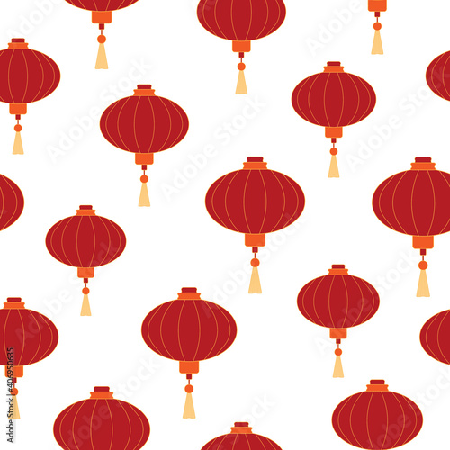 Red Chinese lanterns with gold elements on a white background. Seamless flat new year winter background. Suitable for wallpaper, packaging.