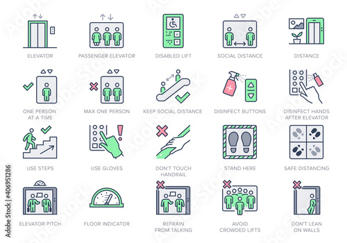 Elevator line icons. Vector illustration included icon - service lift, parking, disabled cabin, security camera, access buttons outline pictogram. Green Color Editable Stroke
