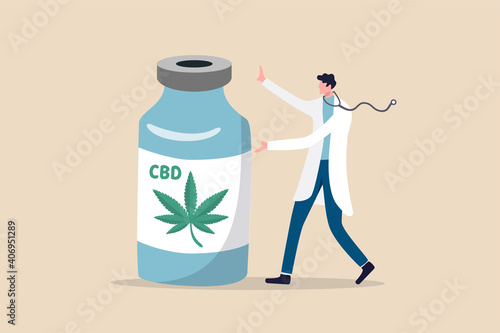 Medical cannabis, legal extract marijuana oil for medical use to cure disease concept, doctor with stethoscope introduce bottle of cannabis oil for alternative health care.