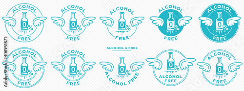 A set of conceptual stamps for packaging products. Labeling - alcohol free. A round stamp with wings - a symbol of liberation, freedom. Bottle flat icon with a line of outflowing ingredient. Vector