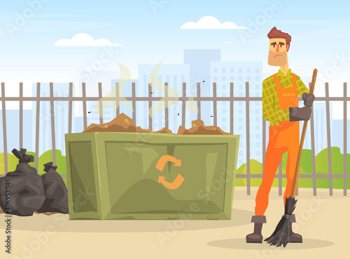 Man Janitor Gathering Trash, Male Professional Street Cleaner in Orange Overalls Cartoon Vector Illustration