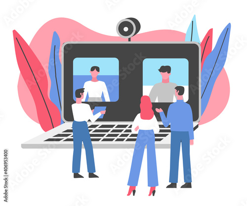 Office workers at the video conference with laptops. Flat design illustration. Vector