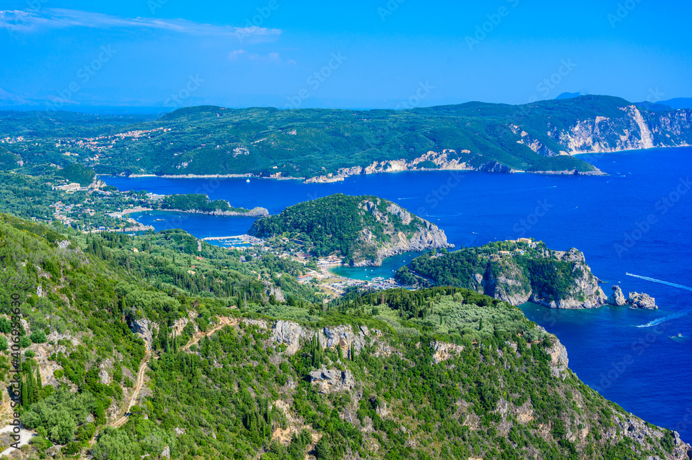 View from Castle Angelokastro to the coast of Paleokastritsa - Paradise coastline scenery with crystal clear azure water in Bays - Corfu, Ionian island, Greece, Europe