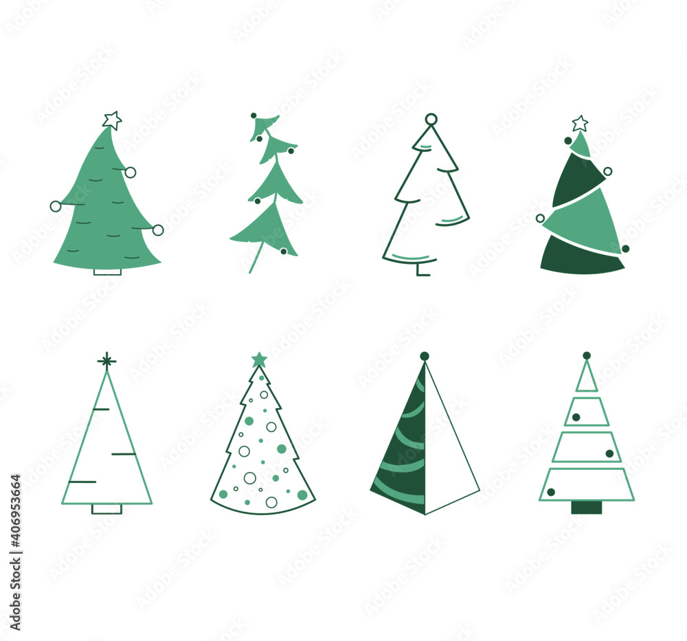 Different Christmas green tree icons set isolated on white background. Modern vector illustration for greeting card, invitation, banner, web or logo design. Different Christmas green tree icons set isolated on white background. Modern vector illustration for greeting card, invitation, banner, web or logo design.