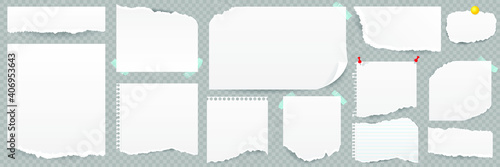 Set of torn sheets of paper with sticky notes notebook isolated on transparent background. Realistic torn paper scraps. Vector illustration