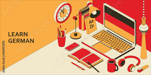 Learn German language isometric concept with open laptop, books, headphones, and coffee.