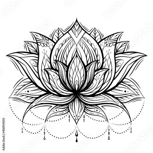 Boho lotus with patterns and beads. Delicate water flower with tribal ornament. Natural sacred symbol for spa and yoga. Vector contour lily for logo, coloring page, banner and your creativity