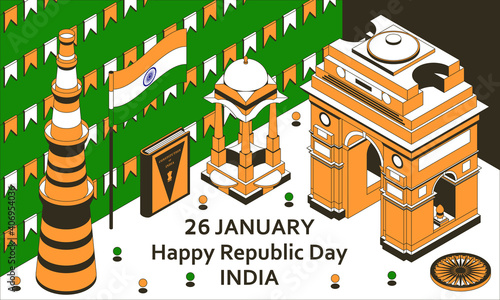 26th of January India Republic Day. Greeting card in isometric style with Indian Gates