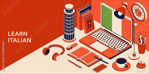 Learn Italian language isometric concept with open laptop, books, headphones, and coffee. photo