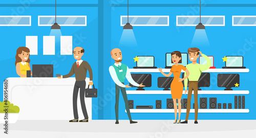 People Choosing and Buying Electronics and Household Appliances at Shopping Mall, Shop Assistants Helping Them, Modern Electronics Store or Shop Interior Vector Illustration