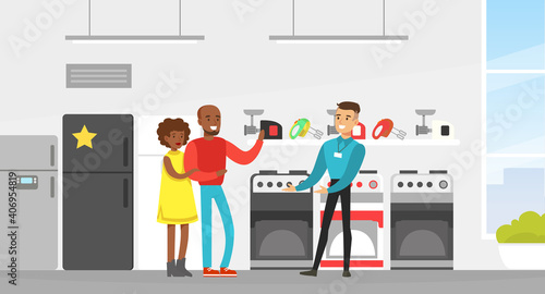 Male Shop Assistant Helping Family Couple to Choose Kitchen Appliances at Shopping Mall, Modern Electronics Store or Shop Interior Vector Illustrat ion