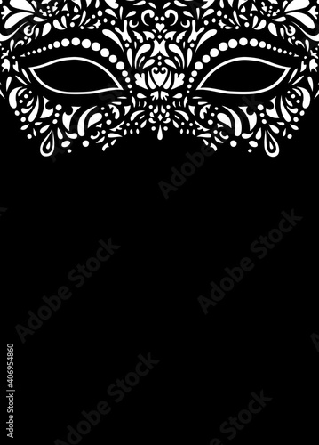 White lace mask. Vector illustration. Party invitation, poster, flyer, postcard.