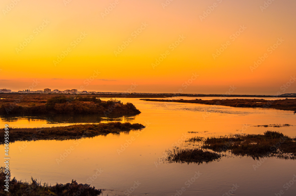 sunset over the  Ria Formosa, Algarve, Portugal