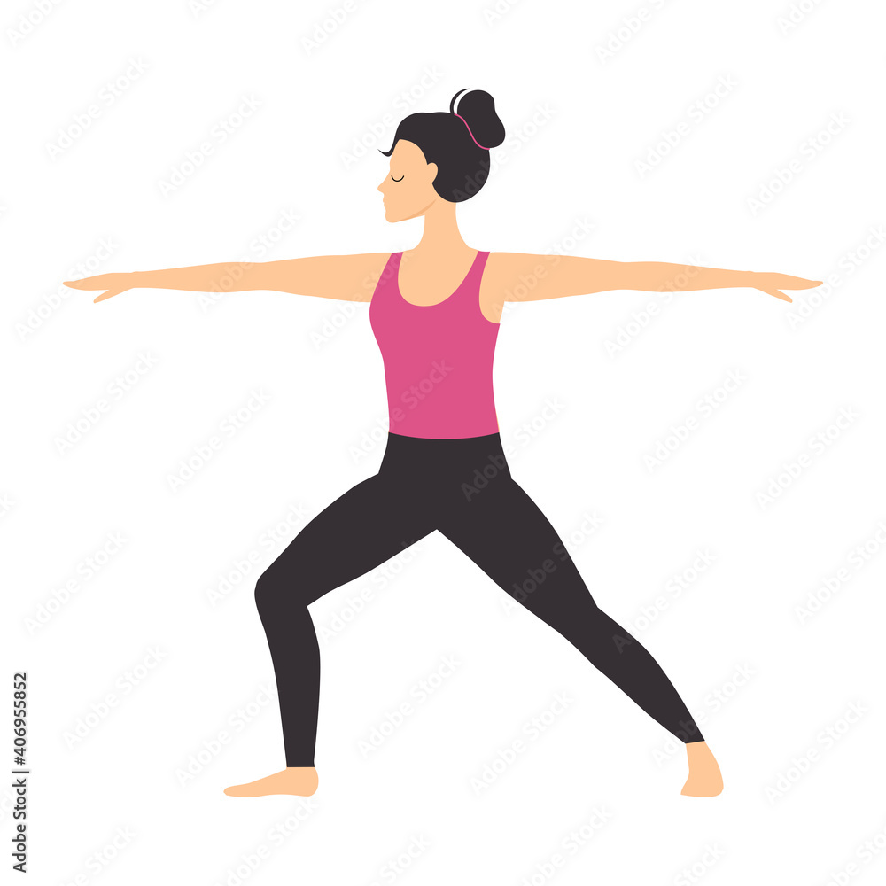 Girl Doing Yoga Exercise, Slim Sporty Young Woman Practicing Warrior Pose Yoga Pose Flat Style Vector Illustration