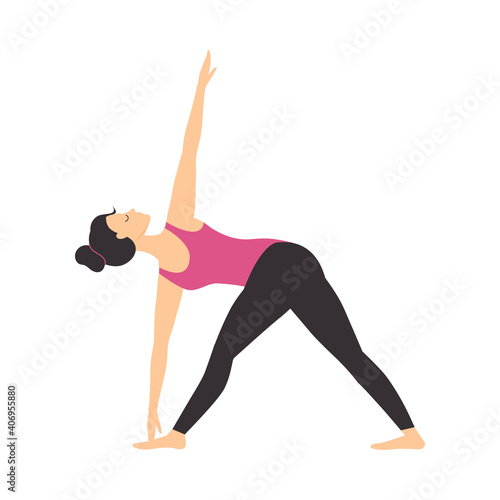 Girl Doing Yoga Exercise, Slim Sporty Young Woman Practicing Triangle Yoga Pose Flat Style Vector Illustration