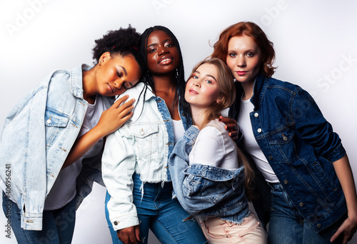 diverse multi nation girls group, teenage friends company cheerful having fun, happy smiling, cute posing isolated on white background, lifestyle people concept, african-american, asian and caucasian © iordani
