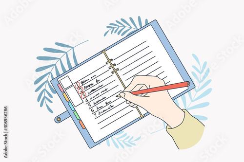 Motivation and aiming for new life concept. Human hands making list of resolutions for starting new life writing in planner and making notes vector illustration, top view 