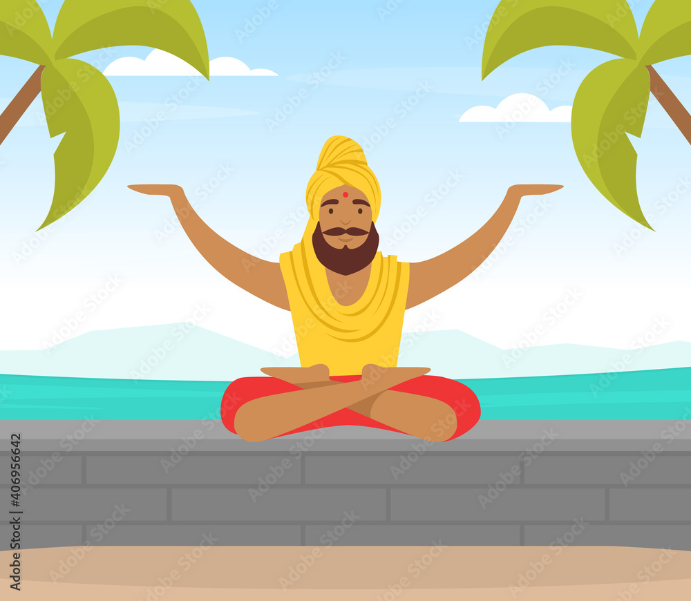 Hindu in Turban Soaring in the Air and Meditating in Yoga Lotus Position Vector Illustration Hindu in Turban Soaring in the Air and Meditating in Yoga Lotus Position Vector Illustration