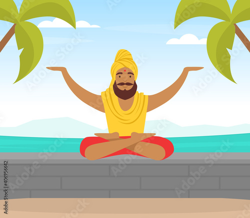 Hindu in Turban Soaring in the Air and Meditating in Yoga Lotus Position Vector Illustration