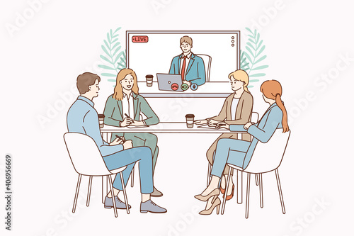 Video conference and teamwork concept. Positive people colleagues teammates sitting in office and having online conference remote meeting with partner vector illustration